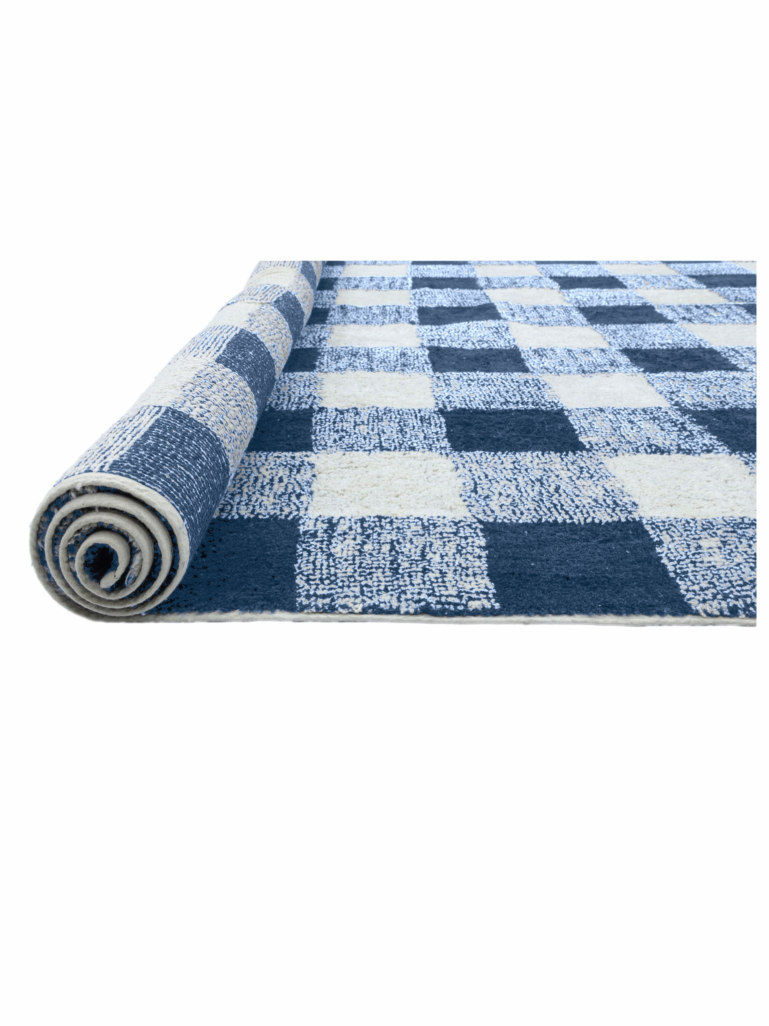 Roll of blue and white checkered fabric on a white background