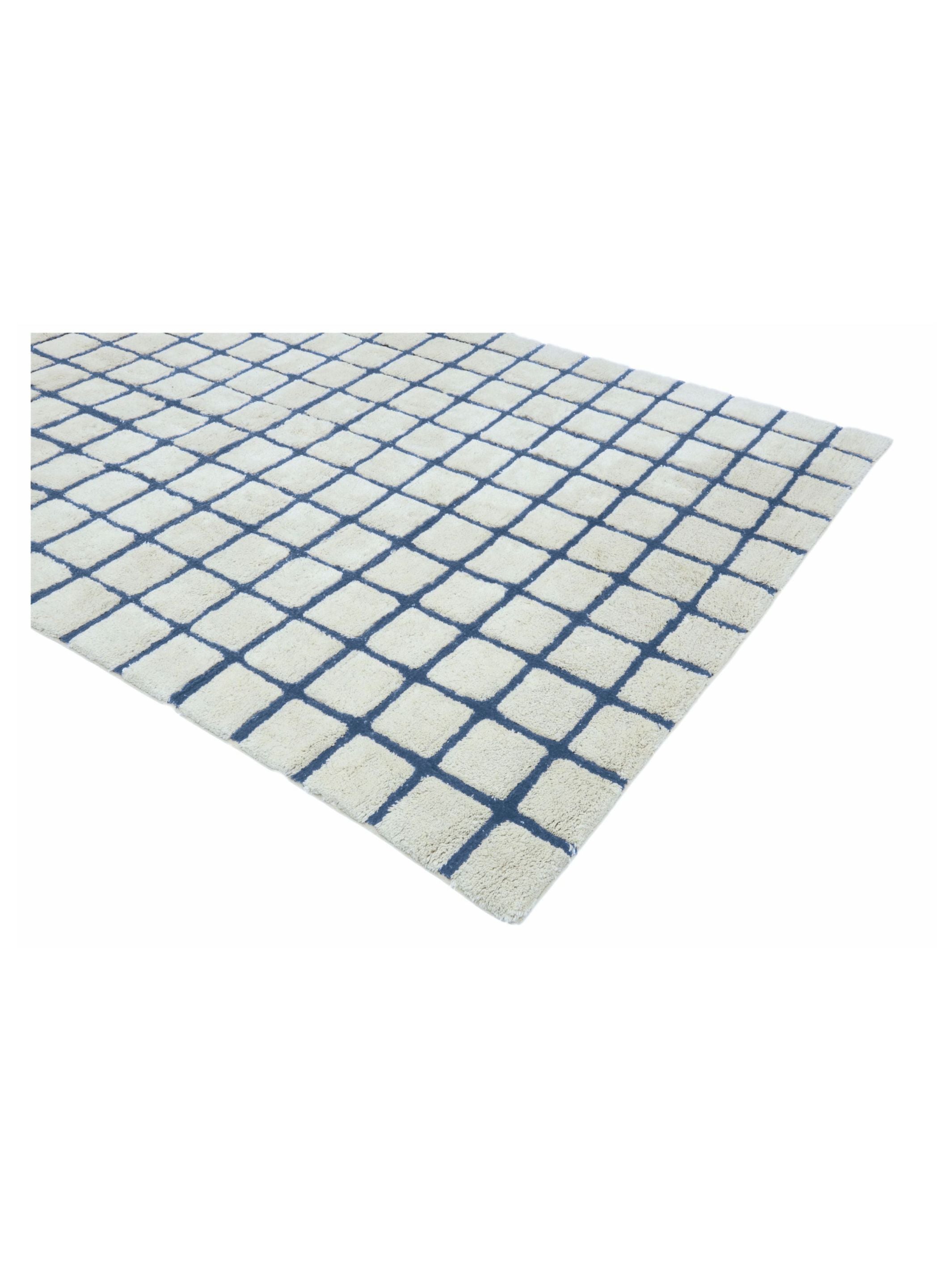 Grid-patterned rug with blue lines on a white background