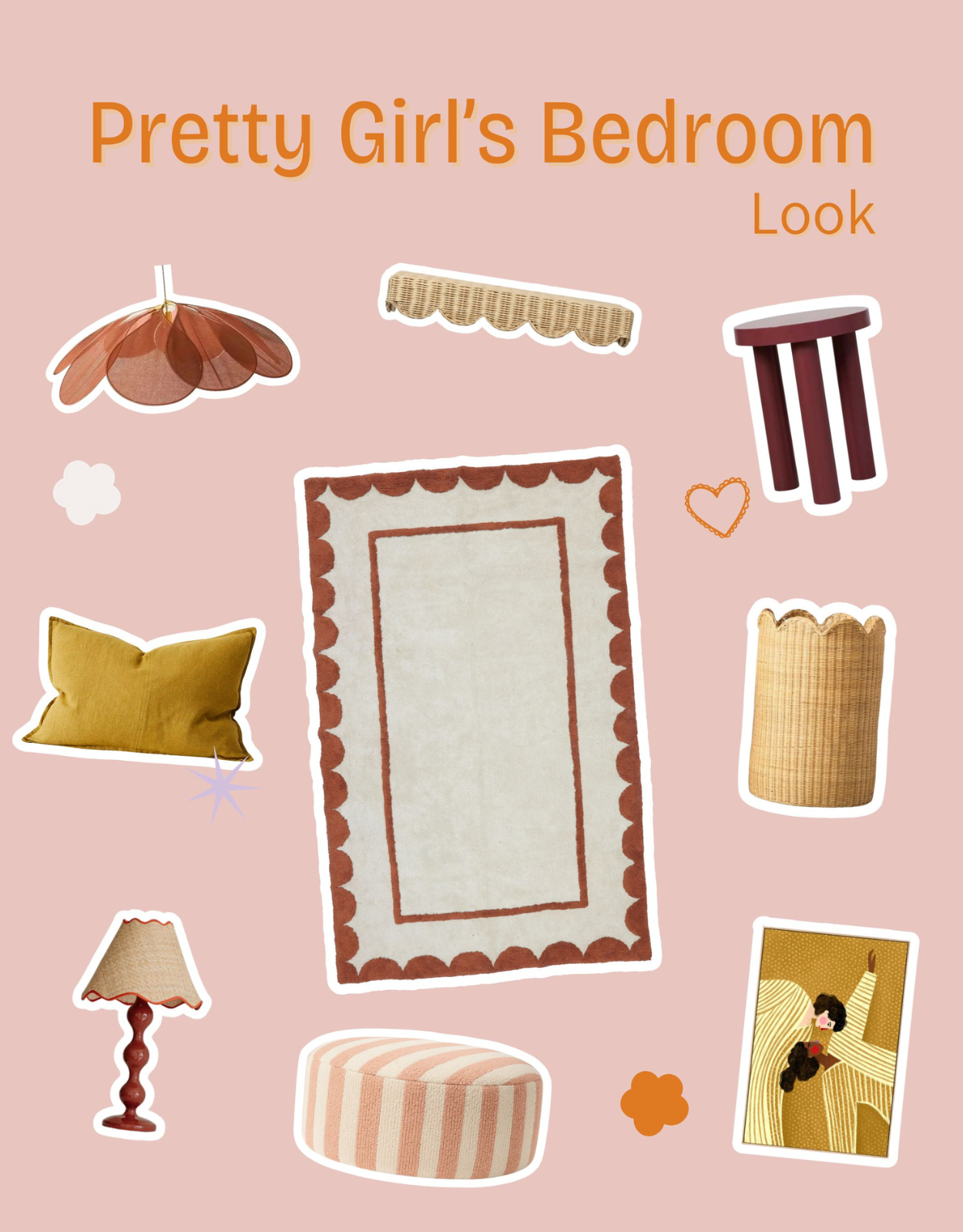 Stylized illustrations of bedroom furniture and decor on a pink background with 'Pretty Girl's Bedroom Look' text.