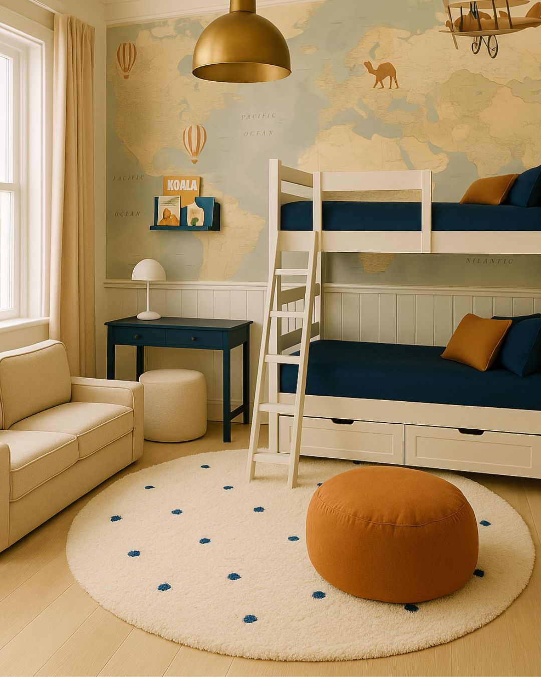 Children's room with bunk bed, desk, and world map wall.