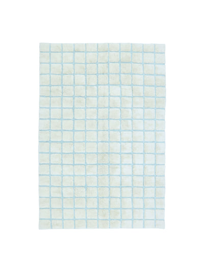 Natural rug with sky blue grid details