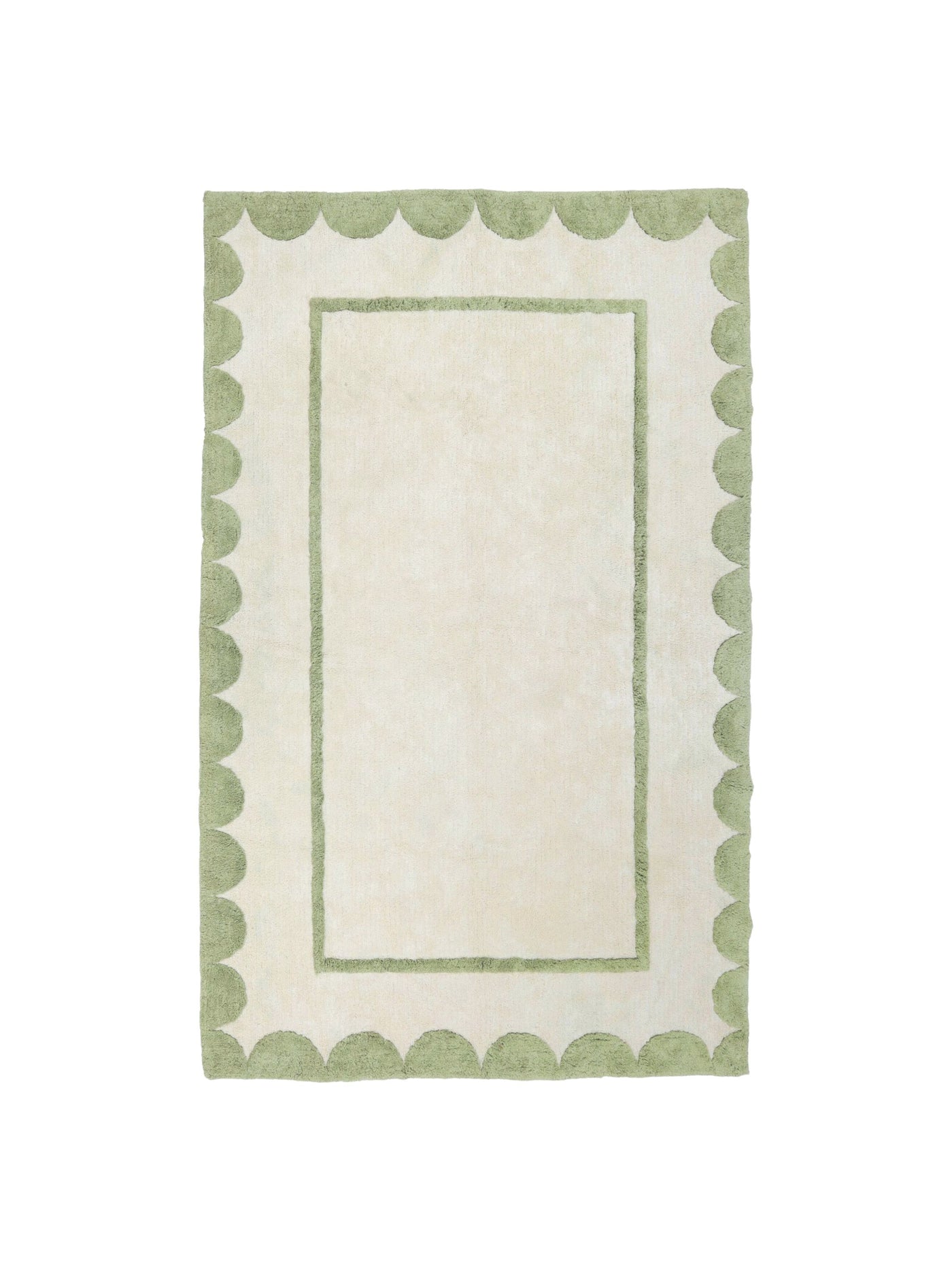 Natural rug with sage green scallop details