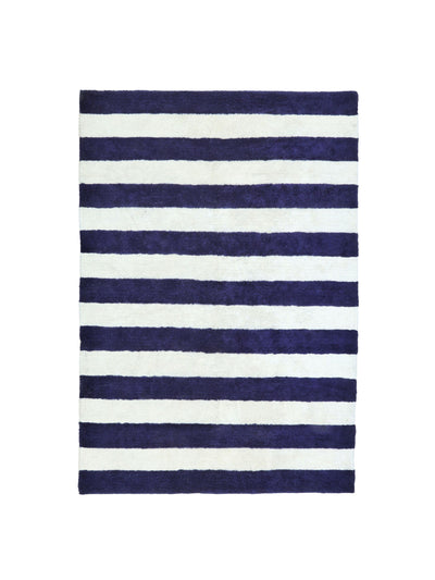 Natural rug with dark blue stripe details